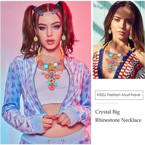 Colorful Rhinestone Jewelry Set Crystal Statement Large & Chunky Unique - Picture 3 of 8